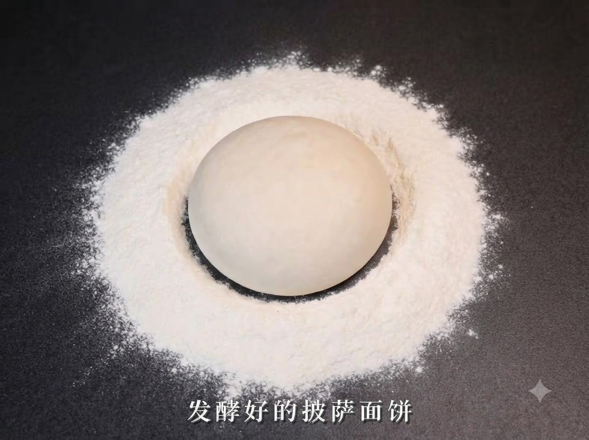Una bola redonda de masa fermentada reposando en el centro de un círculo de harina sobre una superficie oscura.