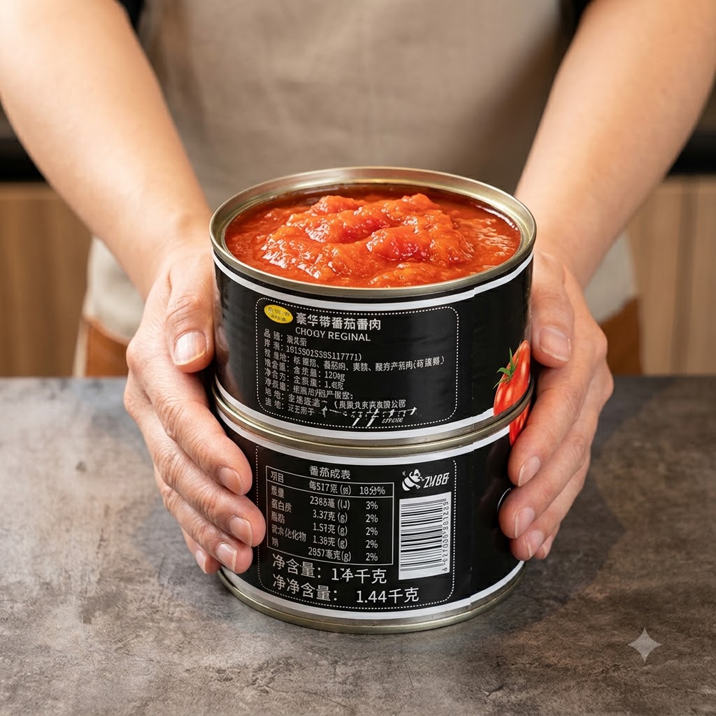 Dos latas metálicas apiladas de tomates enteros pelados sostenidas en las manos de alguien.