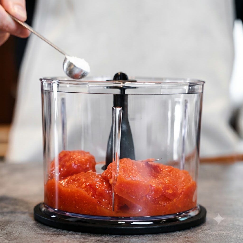 Una cucharada de azúcar añadiéndose a una jarra de batidora transparente que contiene tomates pelados.