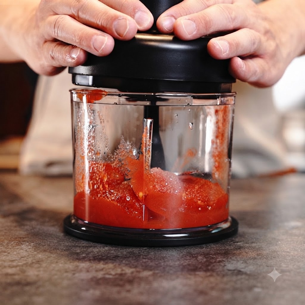 Manos presionando la tapa de una pequeña batidora eléctrica que procesa tomates en su interior.