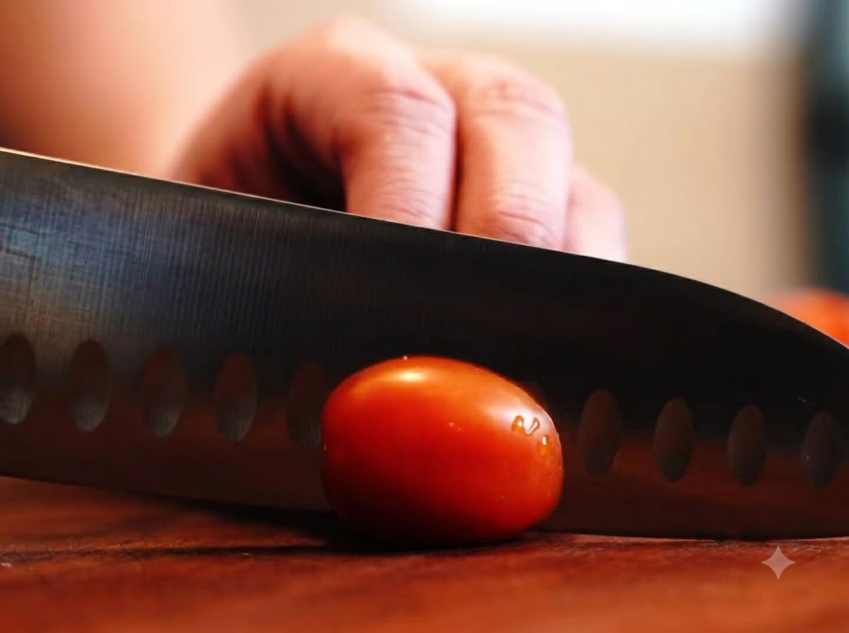 Un cuchillo de chef afilado cortando un tomate cherry por la mitad sobre una superficie de madera.