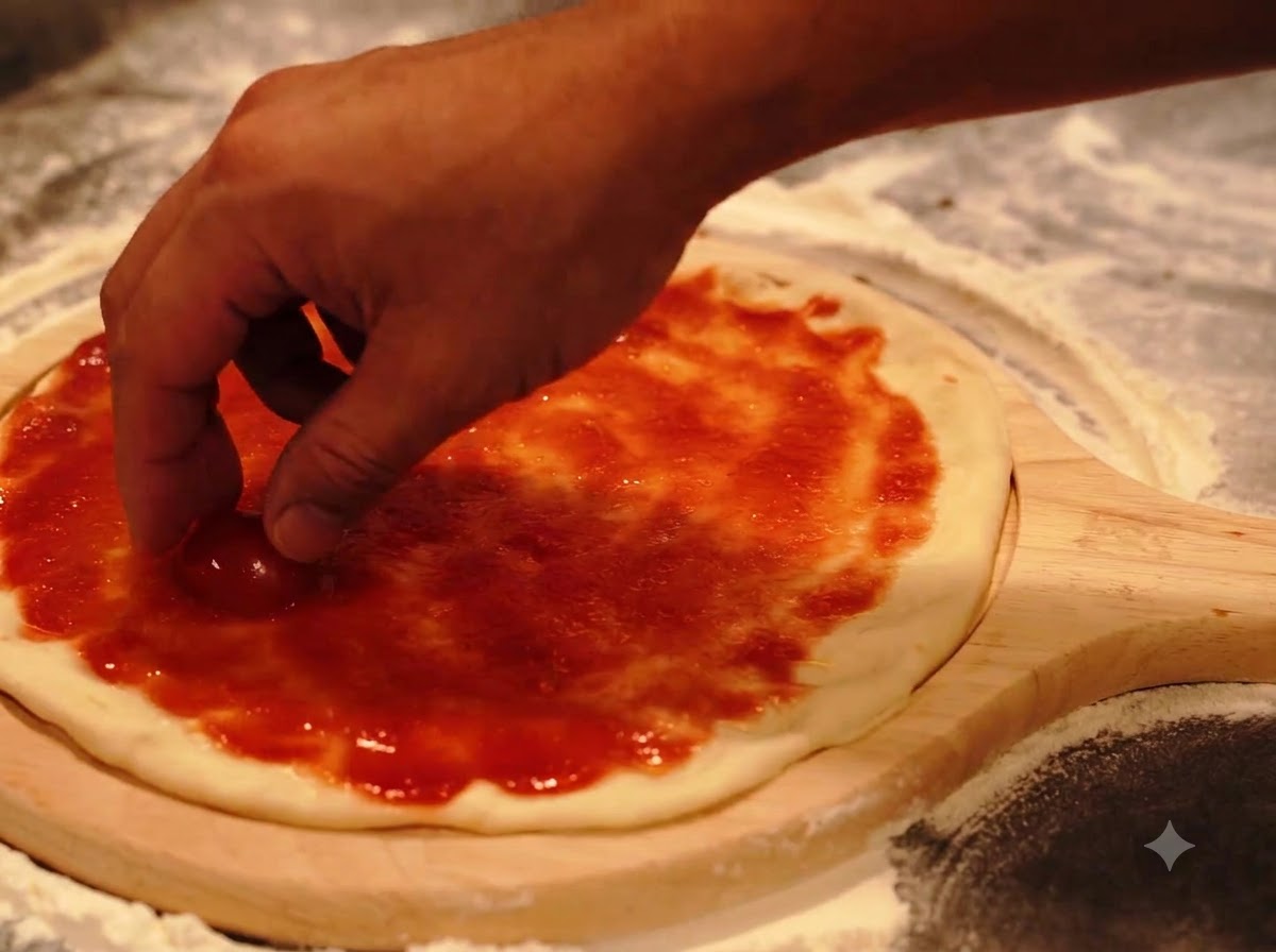 Una mano colocando mitades de tomate cherry sobre un trozo redondo de masa de pizza cubierto con salsa roja.