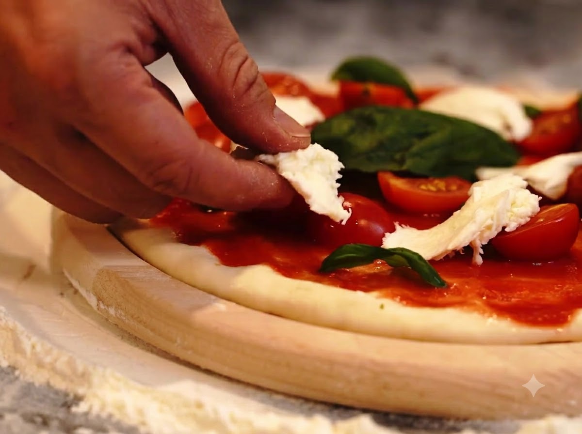 Una mano añadiendo trozos rasgados de queso mozzarella blanco sobre una base de pizza con tomates y hojas de albahaca.