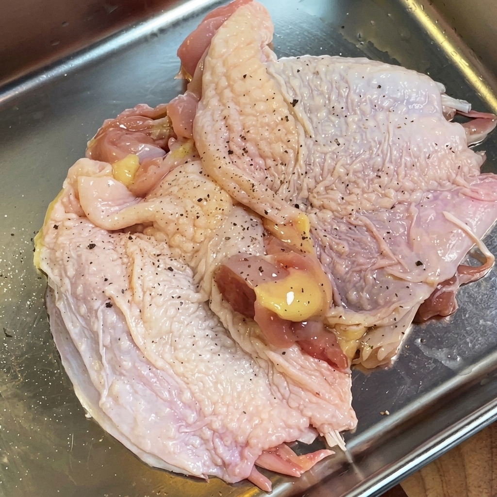 Filete de muslo de pollo crudo sazonado con pimienta negra, sal y romero en una bandeja de metal.