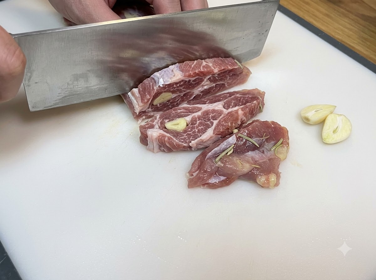 Manos usando un cuchillo grande para cortar pollo crudo marinado en tiras sobre una tabla de cortar blanca.