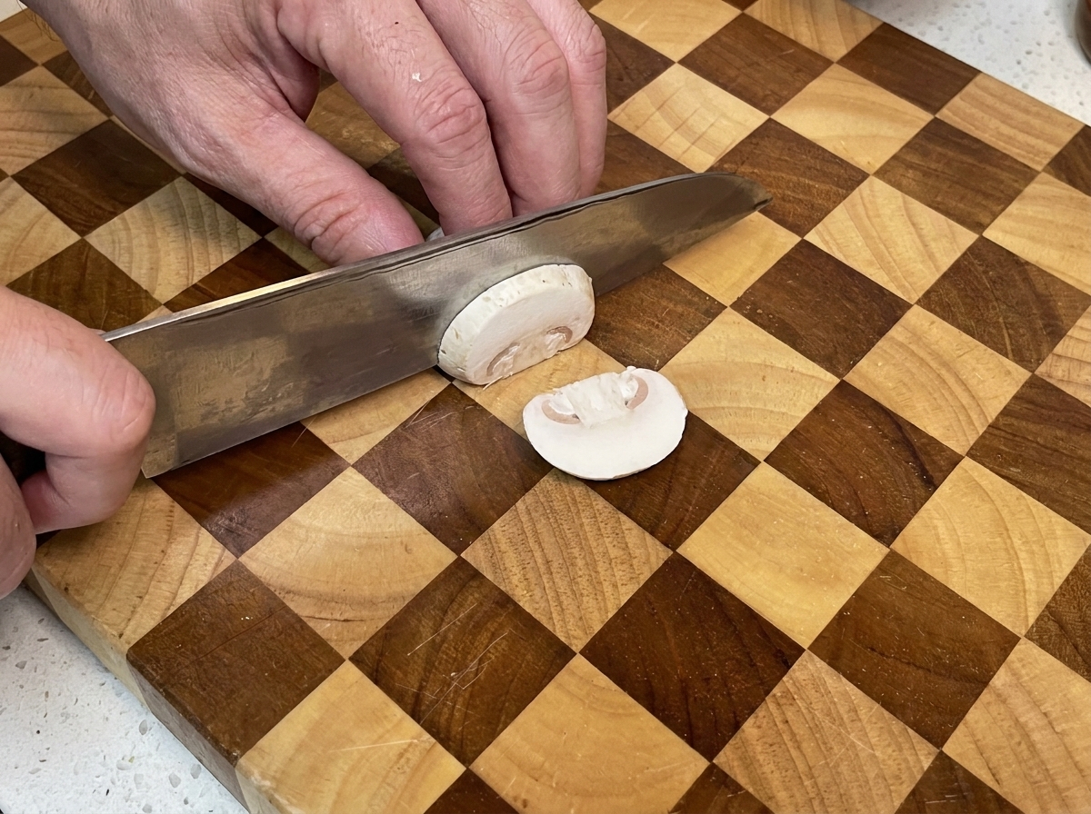 Una persona cortando un champiñón blanco fresco en una tabla de cortar de madera a cuadros.
