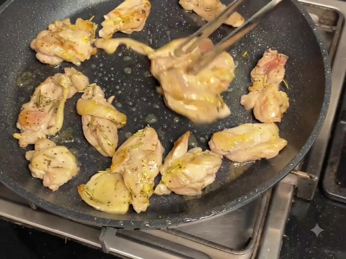 Trozos de pollo y champiñones chisporroteando en una sartén antiadherente oscura siendo volteados con pinzas.