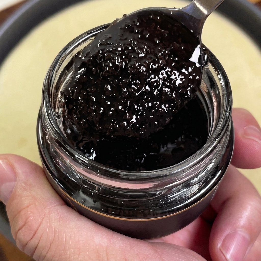 Una cucharada de salsa de trufa negra oscura siendo extraída de un tarro de vidrio sobre una base de pizza.