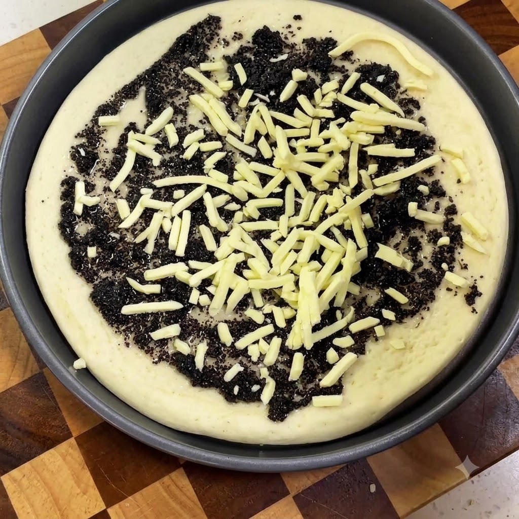 Una base de pizza cruda en una bandeja de horno, cubierta con una capa de salsa de trufa negra y queso rallado.