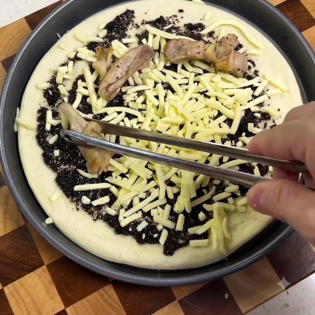 Pinzas colocando trozos de pollo cocido sobre una base de pizza cubierta con salsa de trufa y queso rallado.