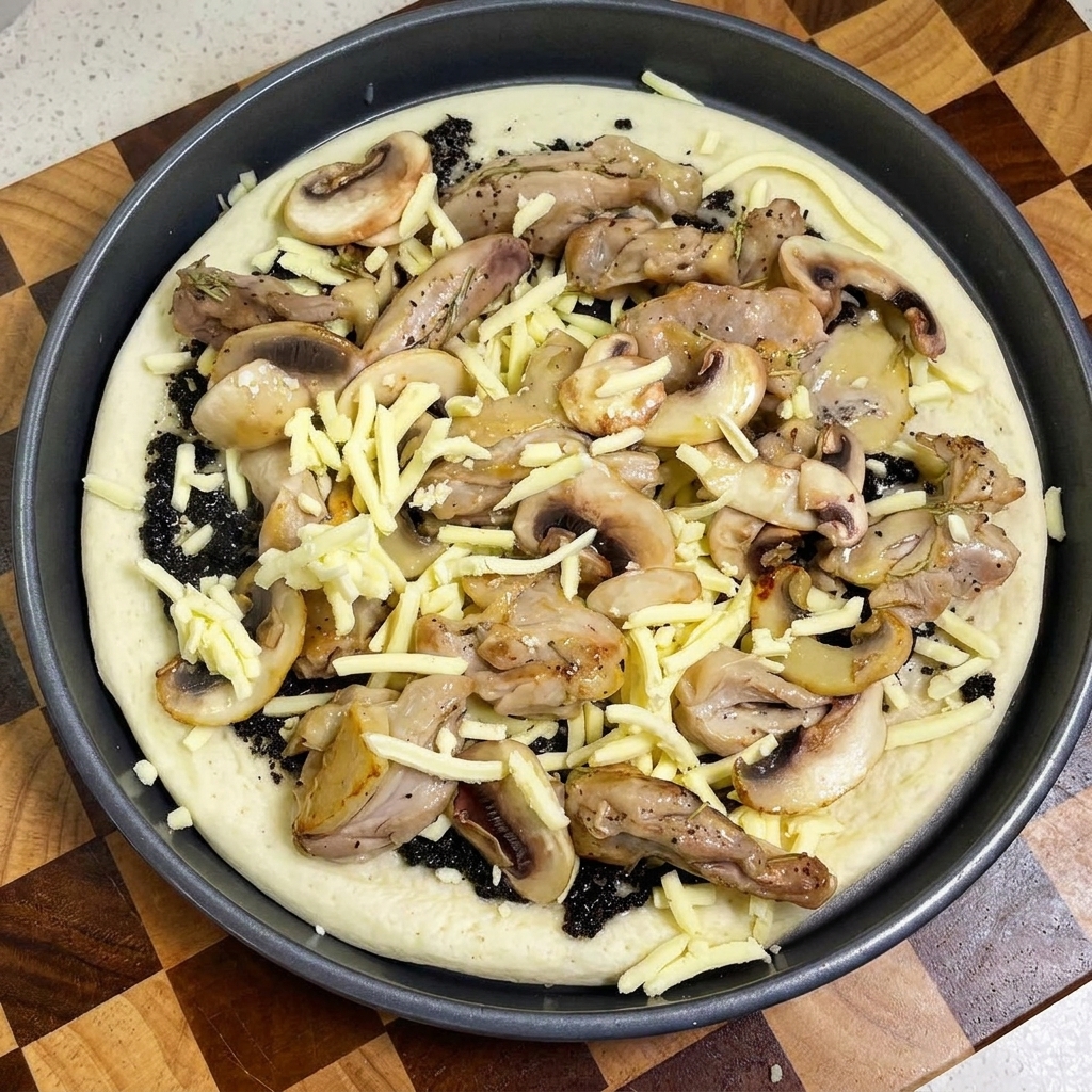 Una pizza armada cubierta con salsa de trufa, pollo, champiñones y una capa final de queso rallado.
