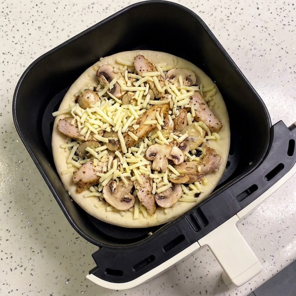 La pizza cruda armada colocada dentro de una cesta negra de freidora de aire, lista para ser horneada.