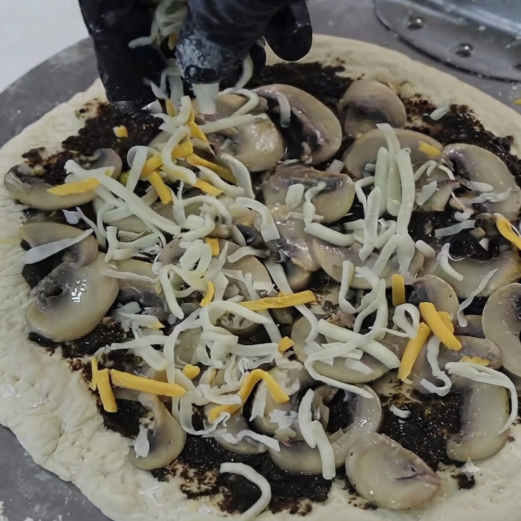 Queso rallado siendo espolvoreado desde arriba sobre la base preparada de pizza de champiñones y trufa.