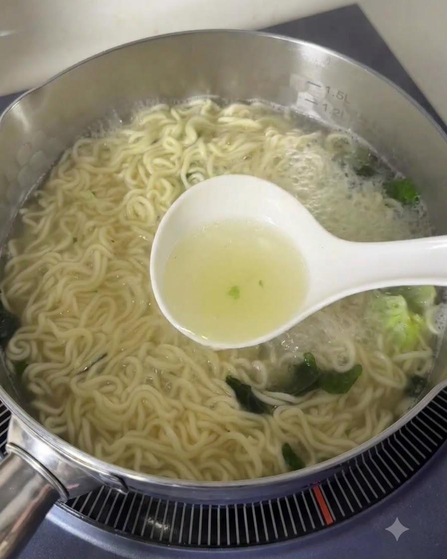 Un cucharón lleno de caldo caliente sacado de una olla hirviendo de fideos.