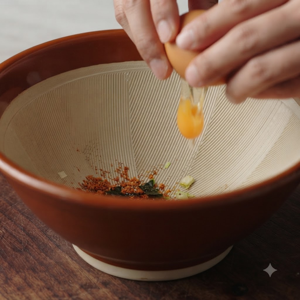 Manos rompiendo un huevo fresco con la yema y la clara cayendo dentro del bol de condimentos.