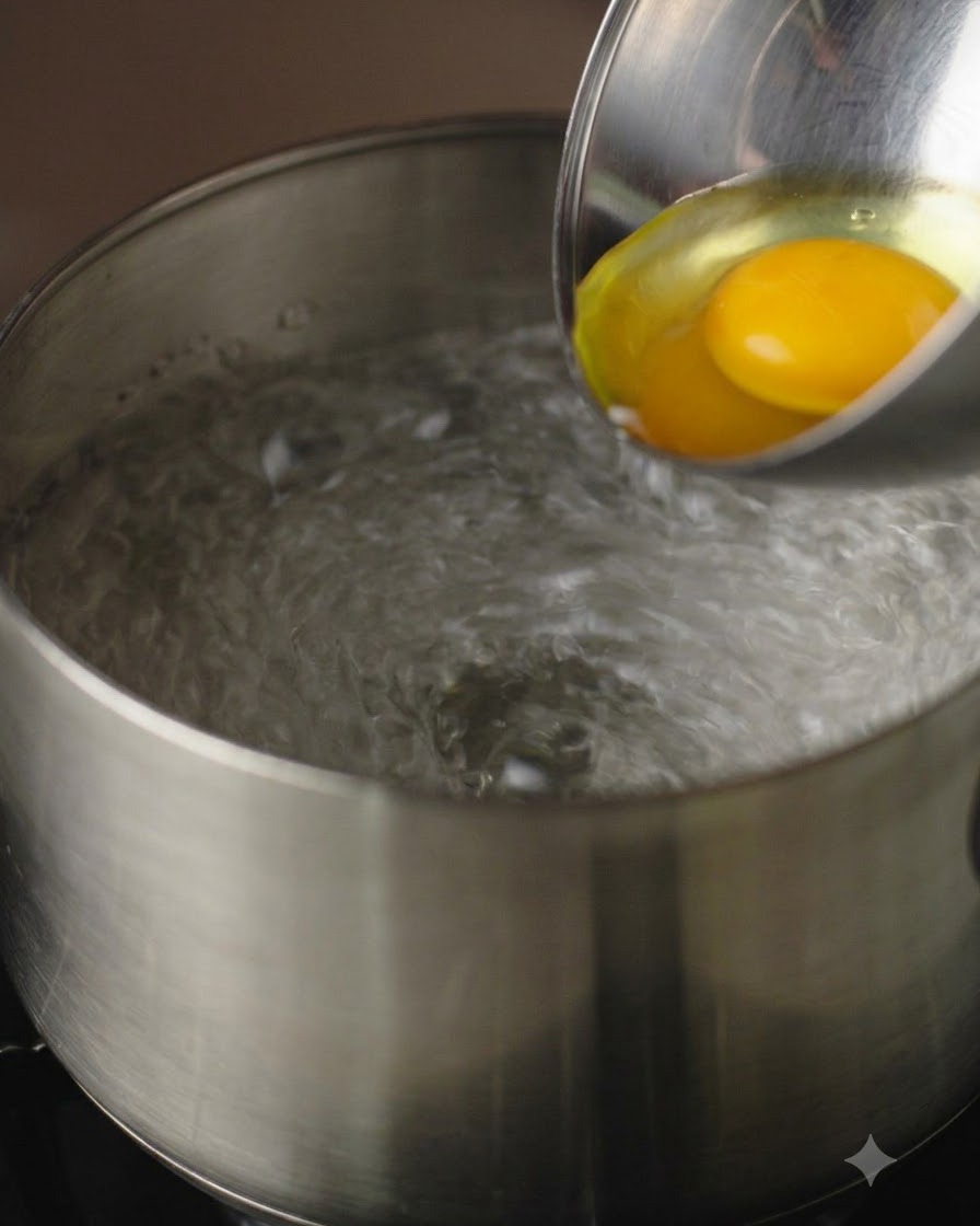 Un huevo deslizándose desde un bol metálico pequeño hacia una olla con agua hirviendo en remolino.