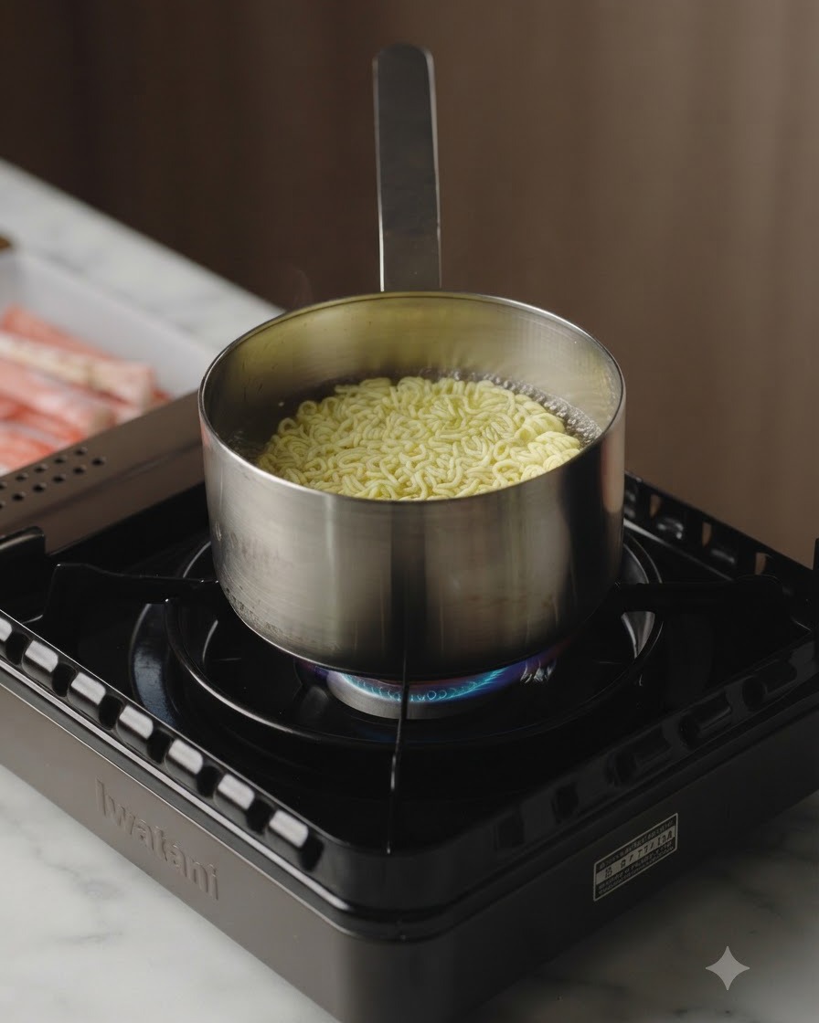 Fideos instantáneos y rodajas de carne cruda cocinándose juntos en una olla de acero inoxidable con agua hirviendo en una hornilla portátil.
