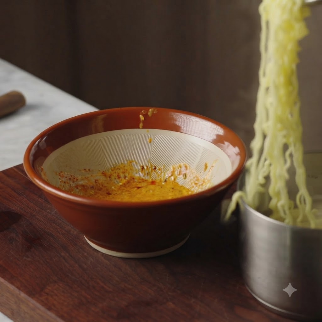 Fideos cocinados siendo añadidos desde una olla a un bol de cerámica marrón lleno de una mezcla sazonada de ajo y salsa.