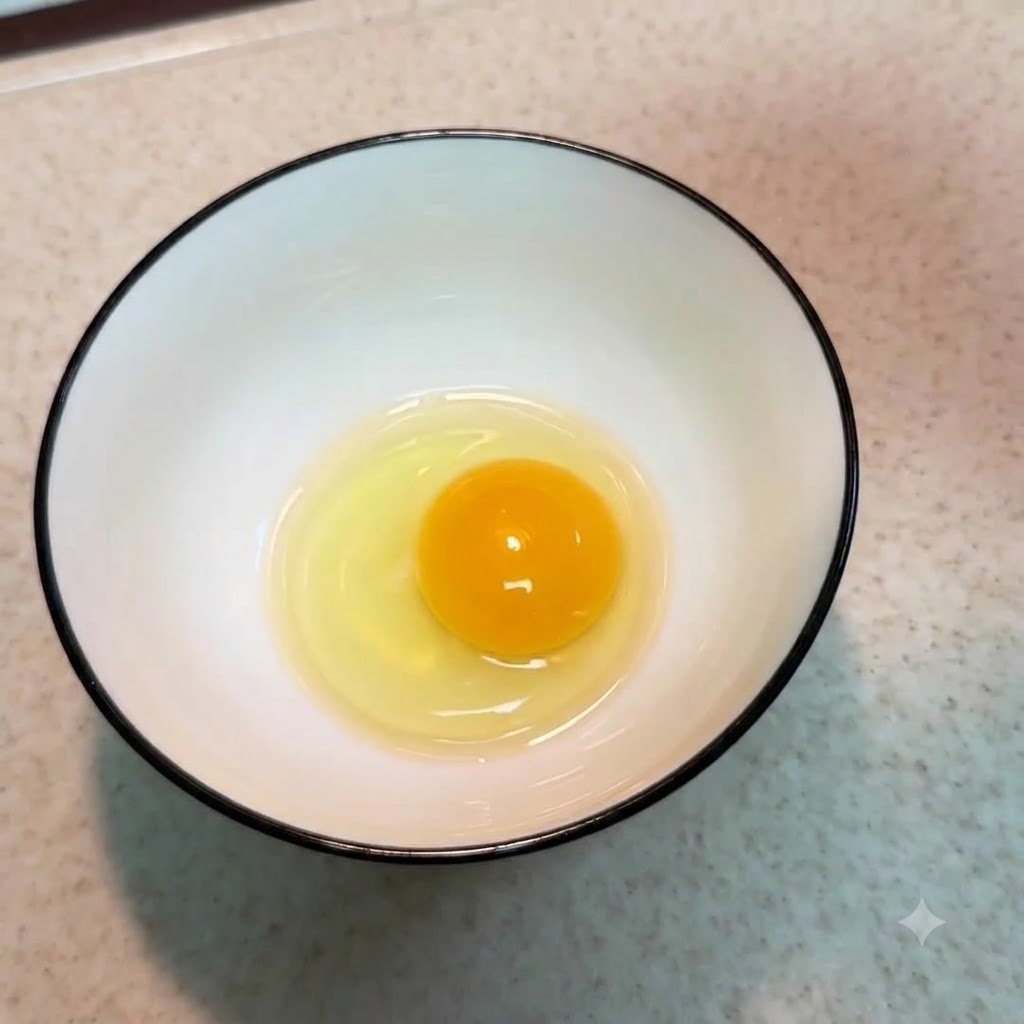 Una sola yema de huevo cruda reposando ordenadamente dentro de un tazón de cerámica blanca con borde negro.
