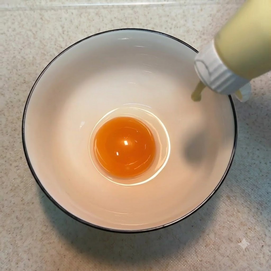 Aderezo para ensalada siendo exprimido desde una botella sobre la yema de huevo dentro de un tazón de cerámica.