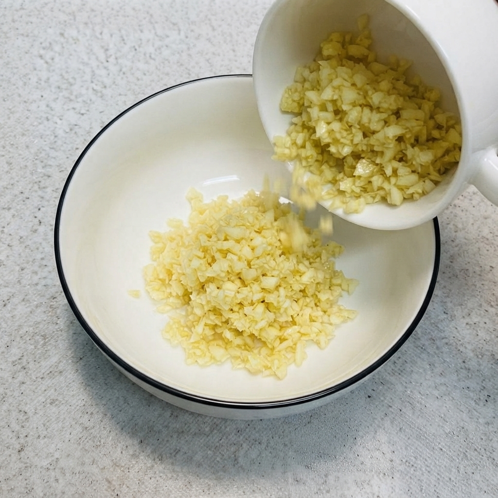 Ajo picado siendo vertido desde una taza pequeña hacia el tazón que contiene la yema de huevo y el aderezo.