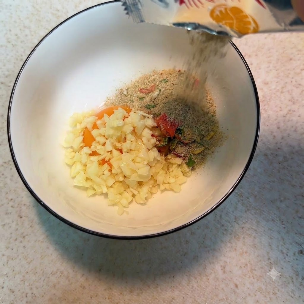 Polvo sazonador de fideos instantáneos y especias secas siendo vertidos desde un paquete abierto hacia el tazón mezclador.