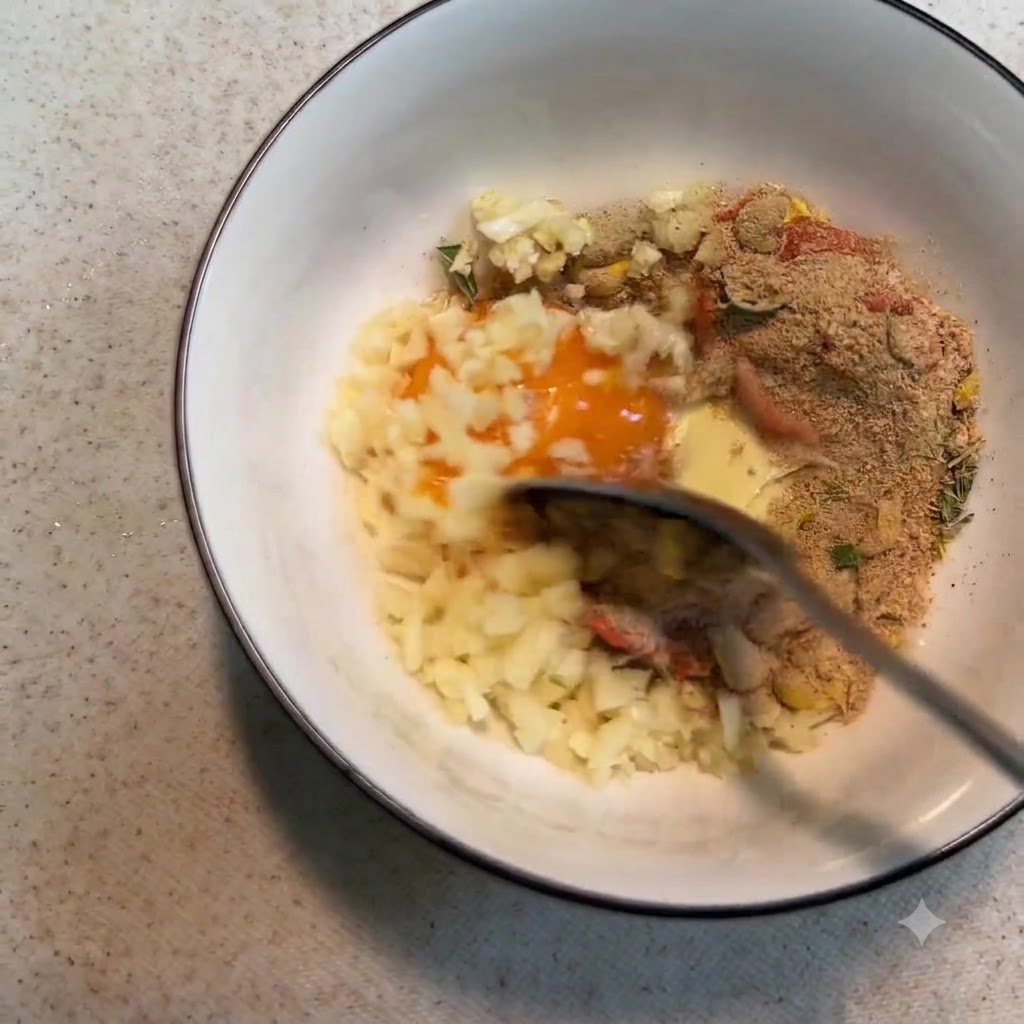 Una cuchara mezclando la yema de huevo, el ajo, el aderezo y el sazonador dentro del tazón hasta formar una pasta espesa.