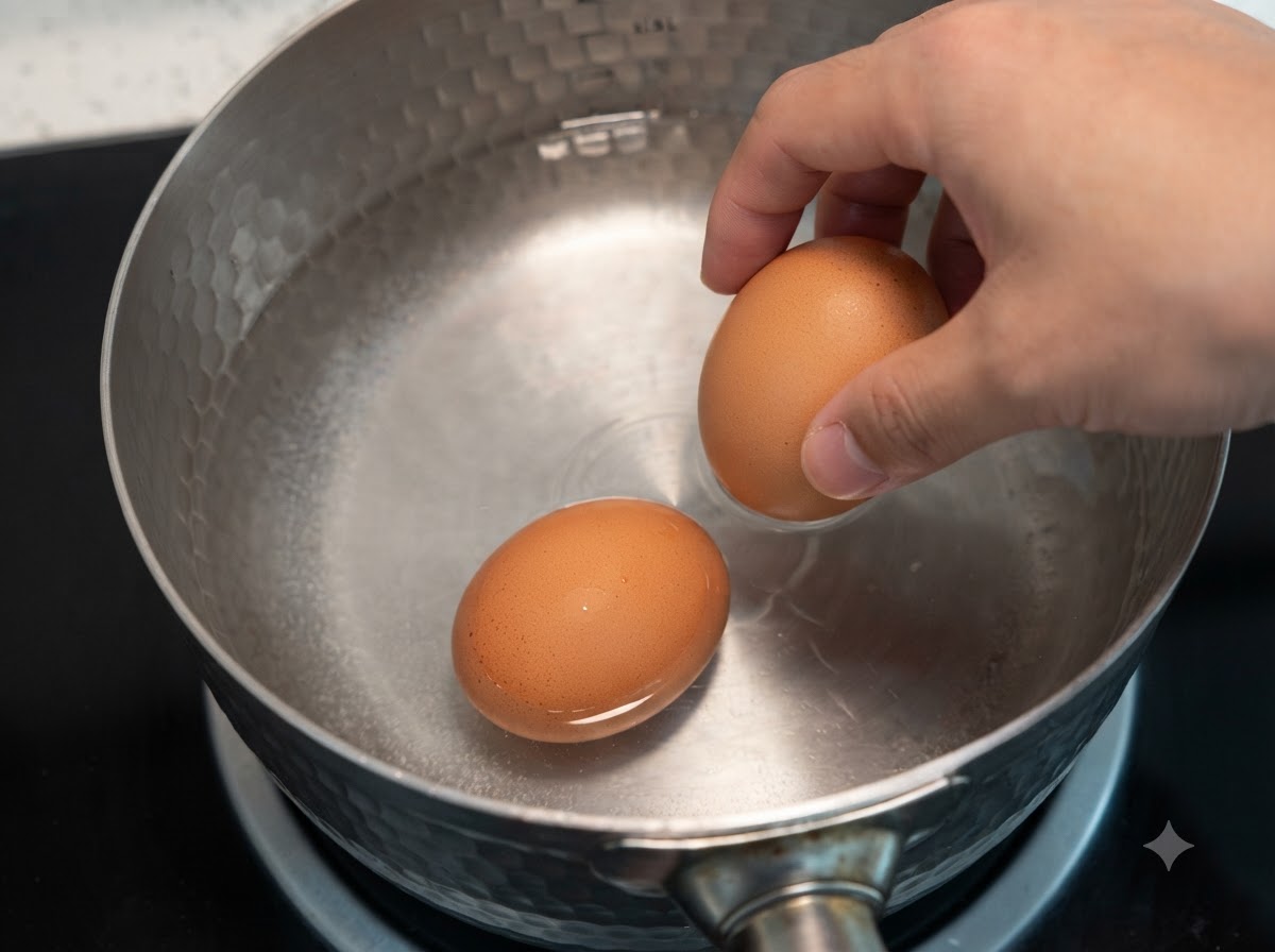 Una mano colocando huevos enteros en una olla de metal llena de agua fría sobre una estufa.