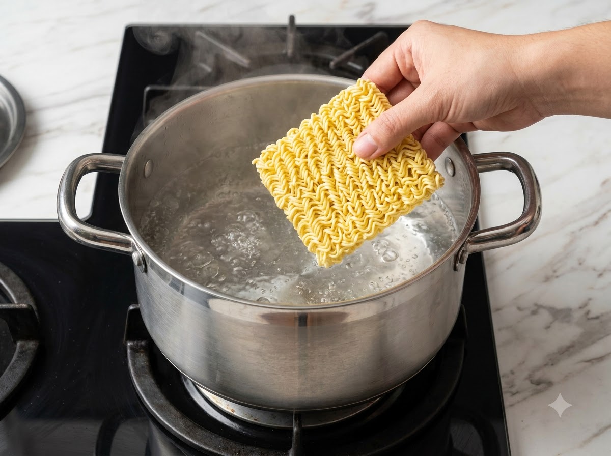 Una mano sosteniendo un bloque de fideos ramen instantáneos secos sobre una olla con agua hirviendo en una estufa.