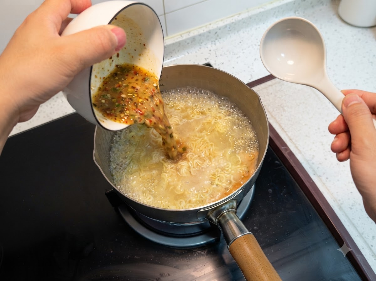 Un tazón vertiendo la mezcla de sazonador líquido en una olla de fideos hirviendo en una estufa.