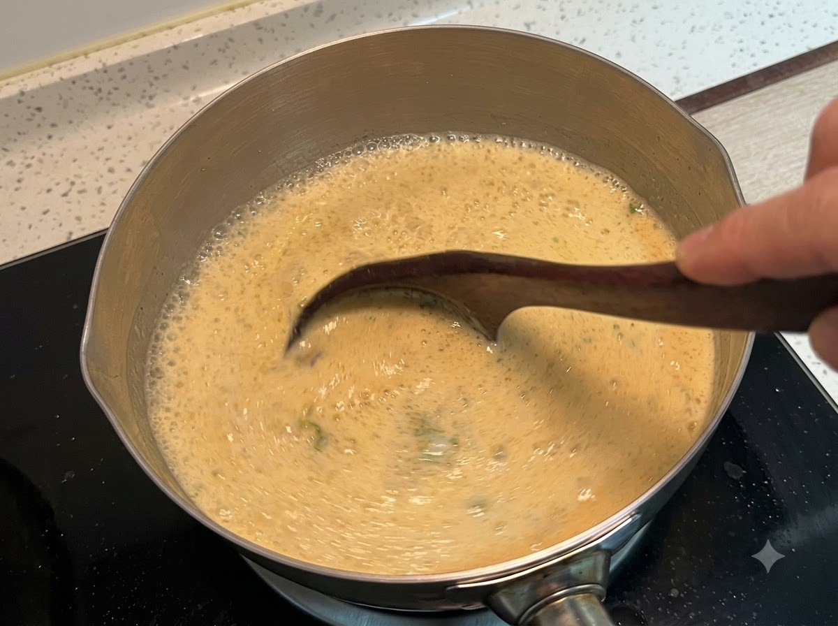 Una cuchara de madera revolviendo un caldo espeso, cremoso y burbujeante dentro de una olla de metal en la estufa.