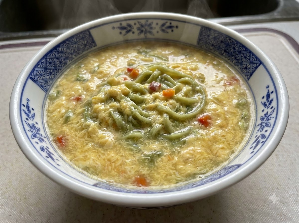 Fideos cocidos y sopa cremosa vertidos en un tazón con patrón azul y blanco.