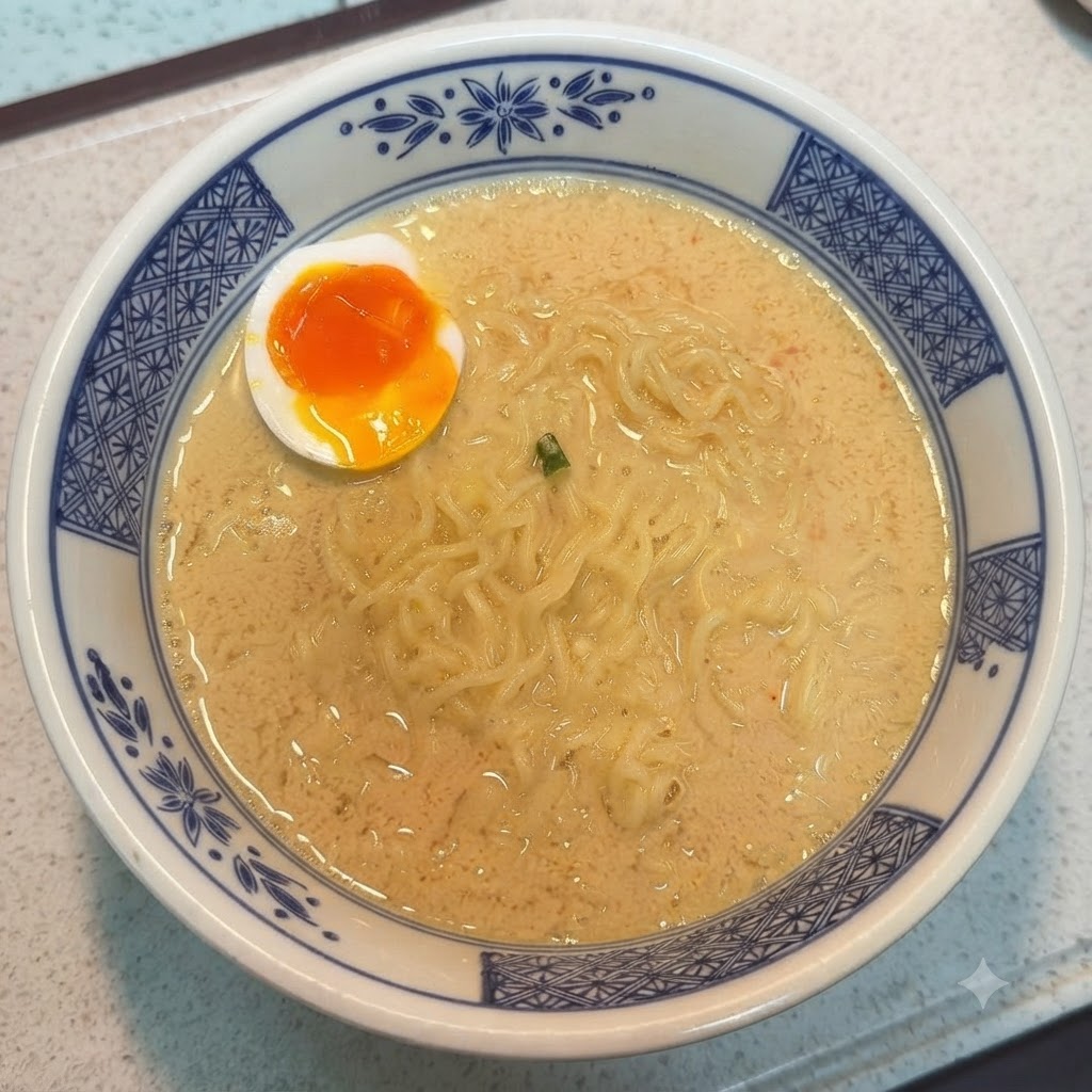 Un tazón de fideos con la mitad de un huevo pasado por agua colocado en su interior.