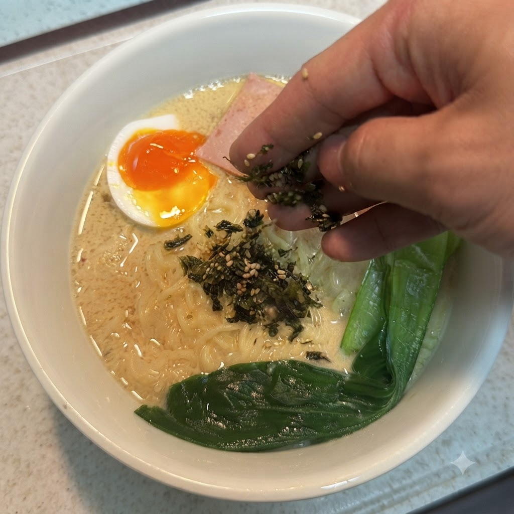 Una mano espolvoreando copos de algas marinas y semillas de sésamo sobre un tazón de ramen.