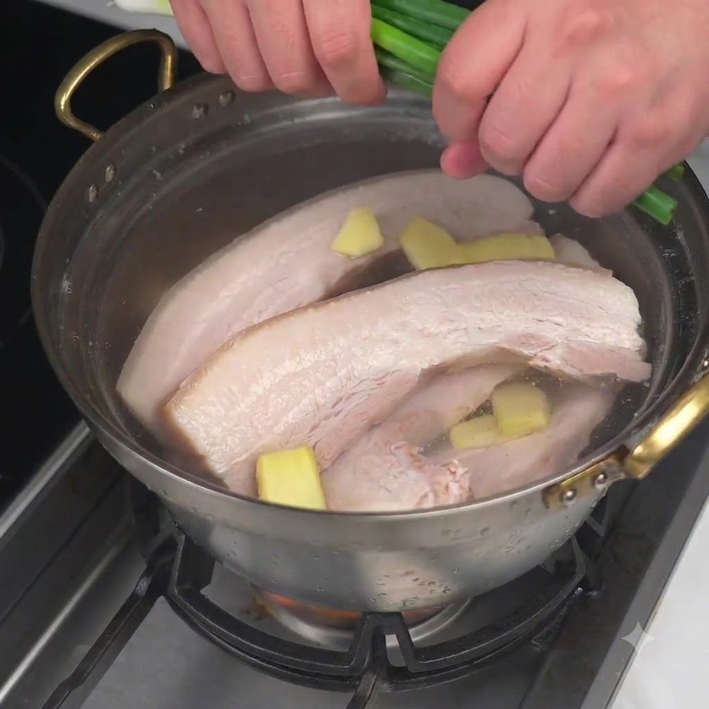 Rodajas de jengibre y cebollas verdes siendo añadidas a una olla con agua y panceta de cerdo.