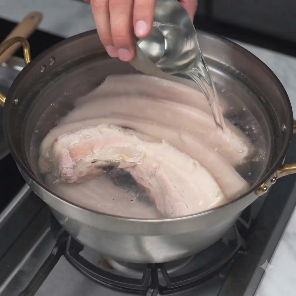 Vertiendo líquido de condimento desde un cucharón de metal en una olla que contiene panceta de cerdo.