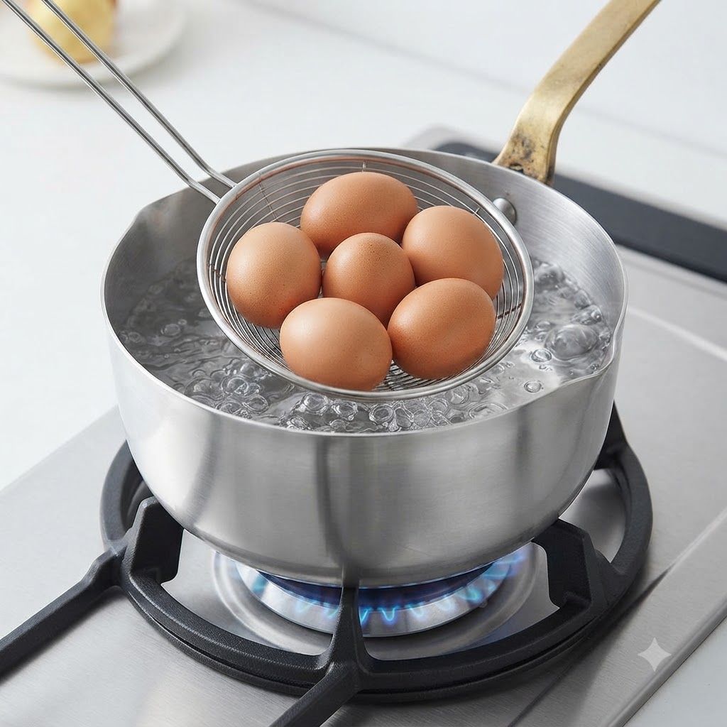 Un colador de metal levantando huevos cocidos de color marrón fuera de una olla con agua hirviendo.