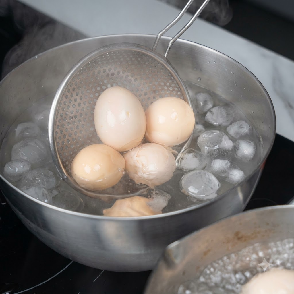 Huevos pasados por agua pelados siendo bajados usando un colador en un tazón con agua helada.