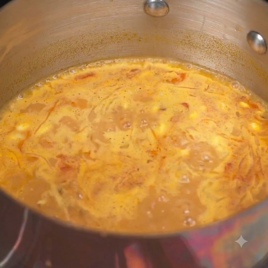 Vinagre dulce y chile en polvo siendo revueltos en la olla hirviendo de base de sopa de ramen.