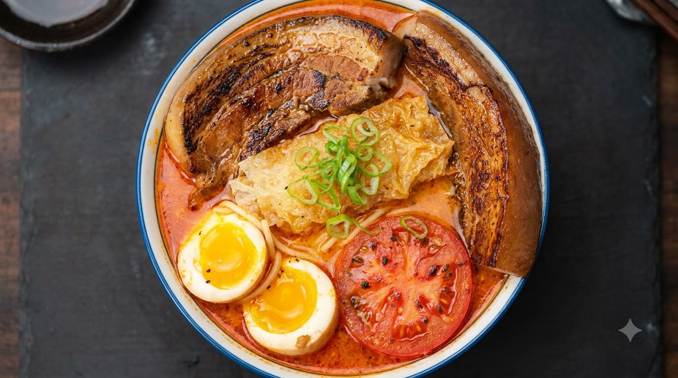 Ramen de Jugo Grueso de Tomate con Panceta de Cerdo Estofada