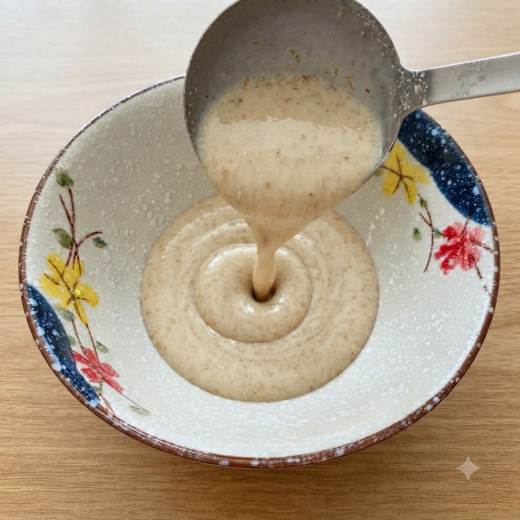 Un cucharón de metal vertiendo caldo de sopa cremosa y caliente en un tazón de cerámica decorativo.
