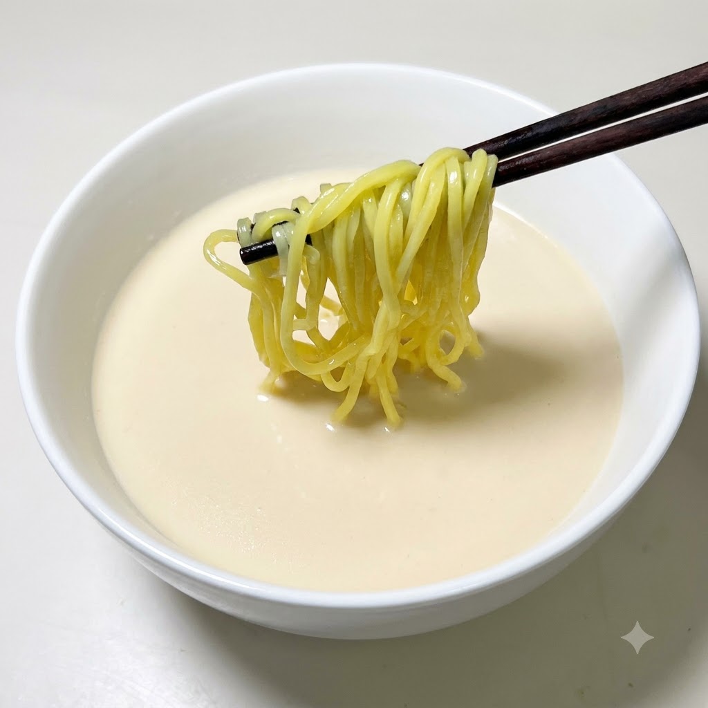 Un par de palillos sosteniendo fideos ramen dorados sobre un tazón de base de sopa blanca cremosa.