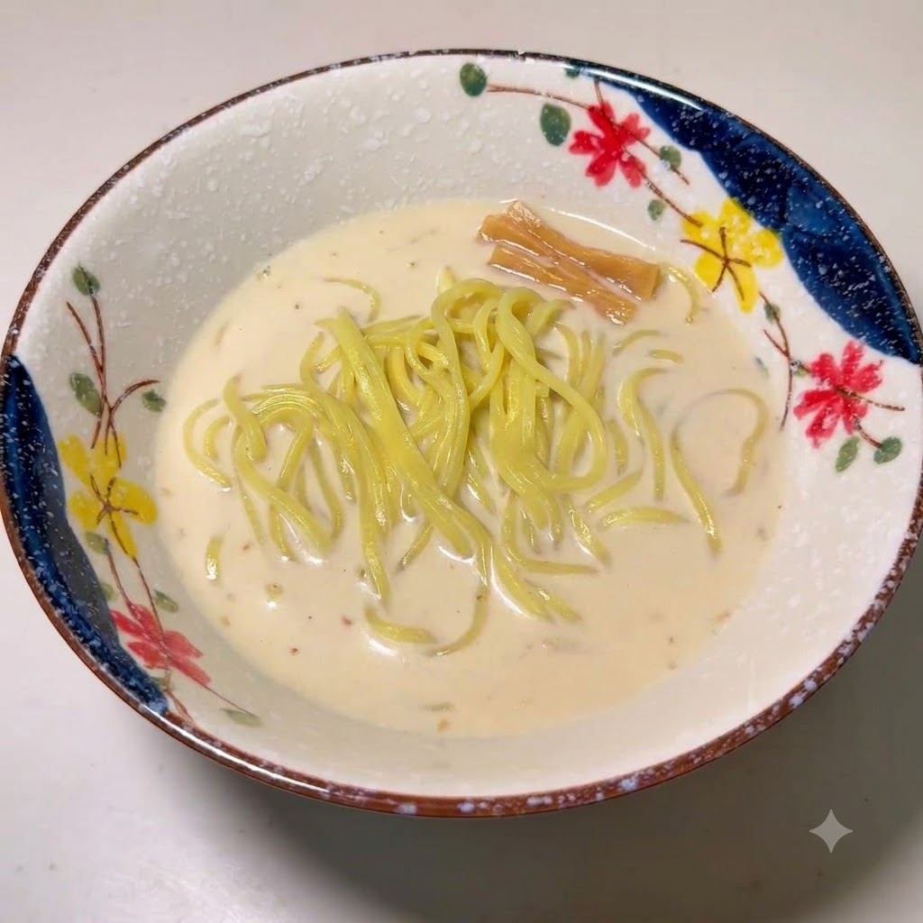 Un tazón decorativo de fideos ramen en caldo, adornado con brotes de bambú.