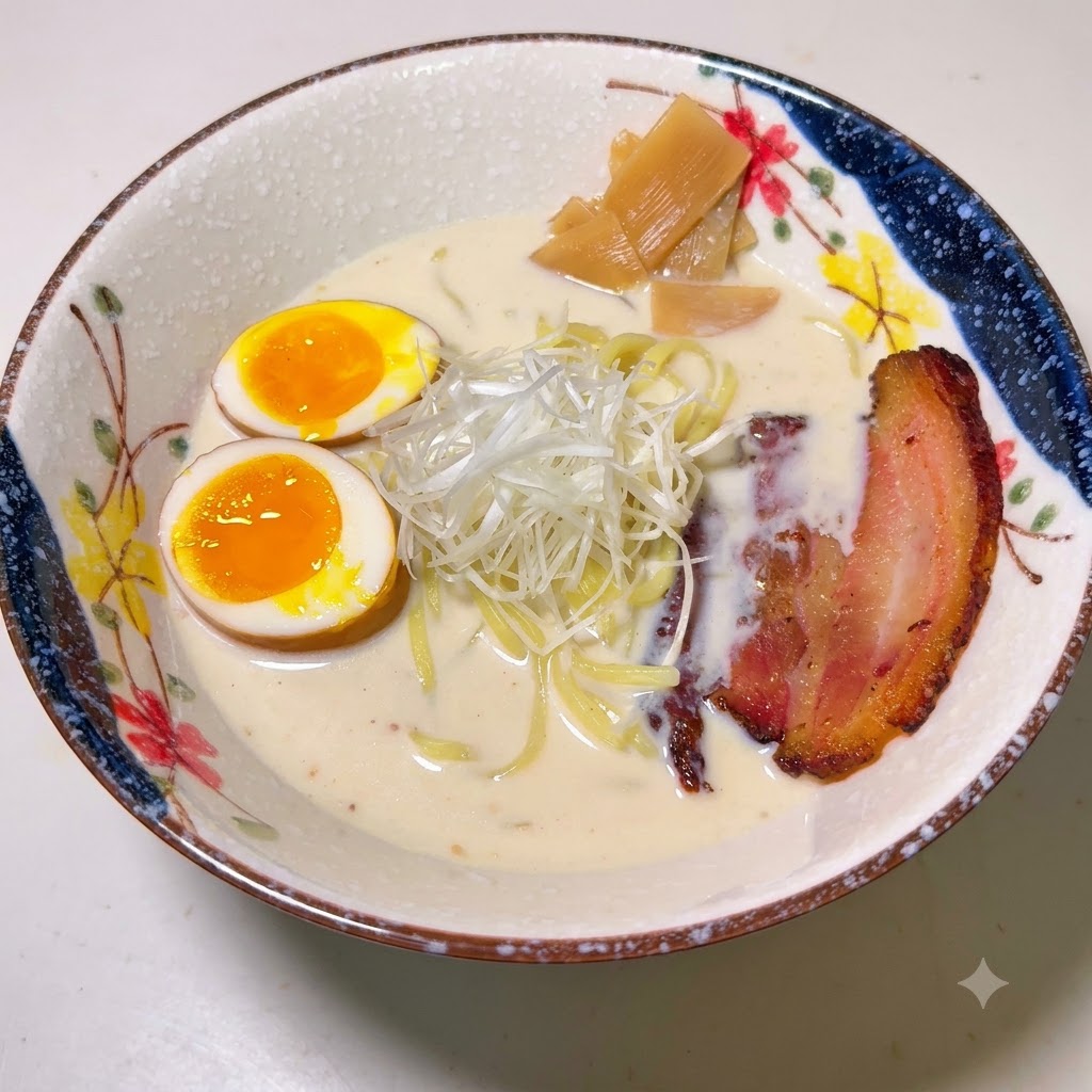 Un tazón de ramen cubierto con brotes de bambú, un huevo pasado por agua cortado por la mitad, cebollinas trituradas y una rodaja de cerdo chashu.