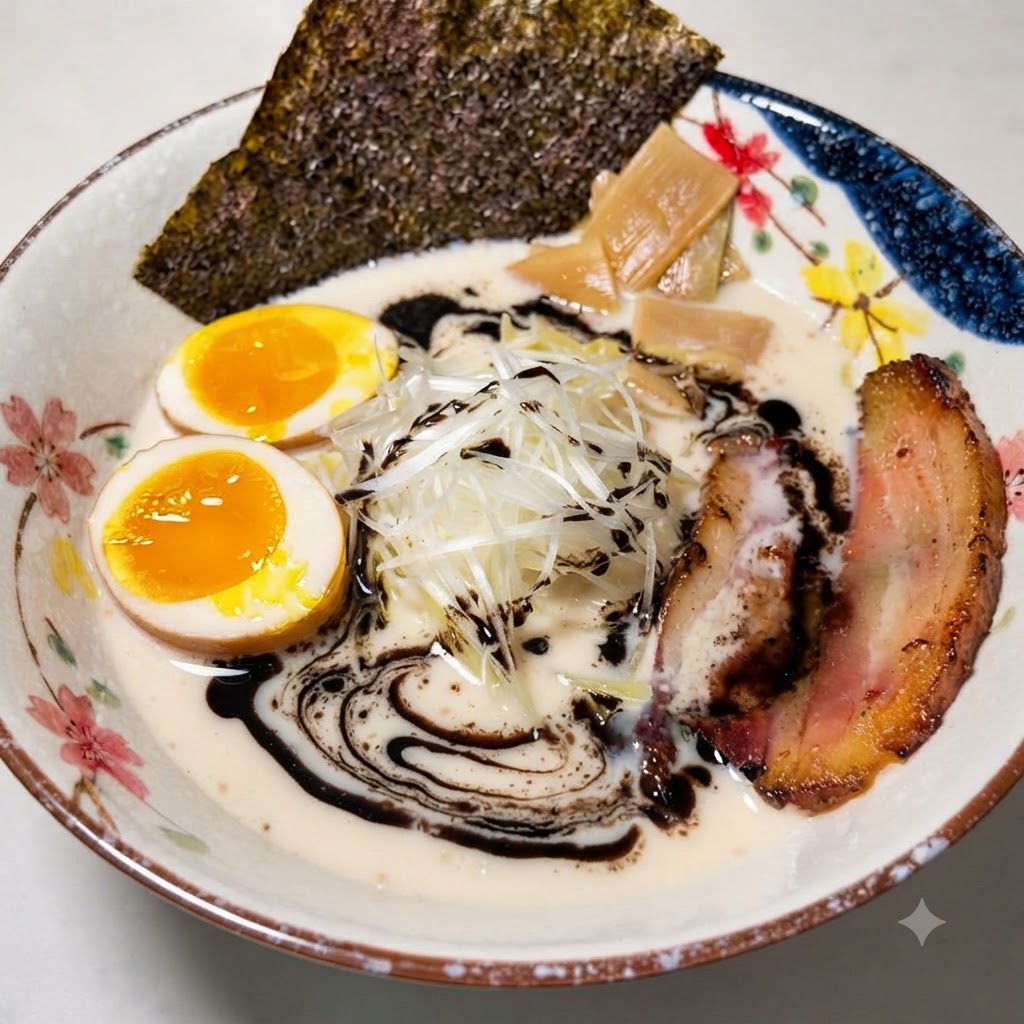 Un tazón de ramen completamente armado con aceite de ajo negro rociado sobre el caldo y los ingredientes.