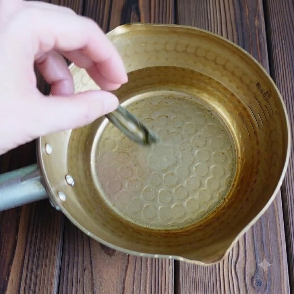 Kombu deshidratado colocado en una olla de latón llena de agua.
