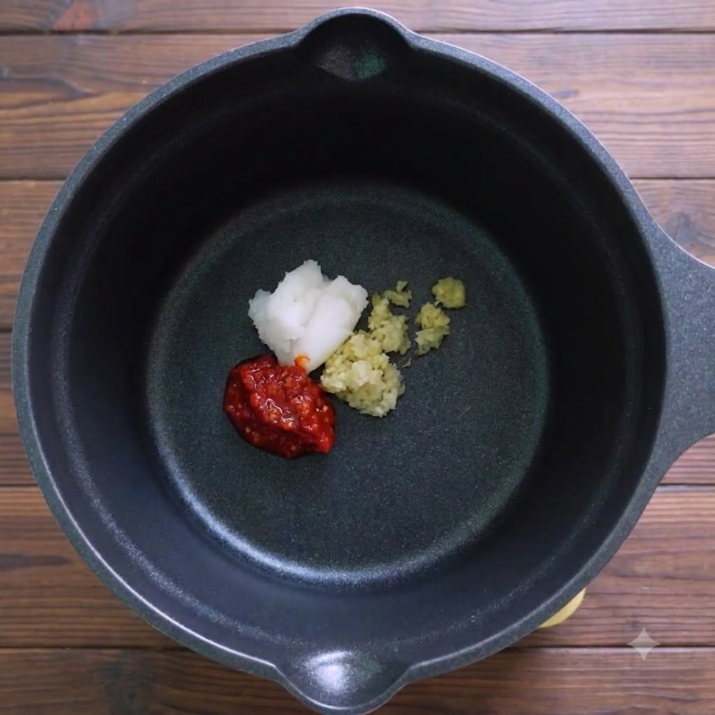 Pasta de chile, manteca de cerdo y aromáticos picados dentro de una olla negra.