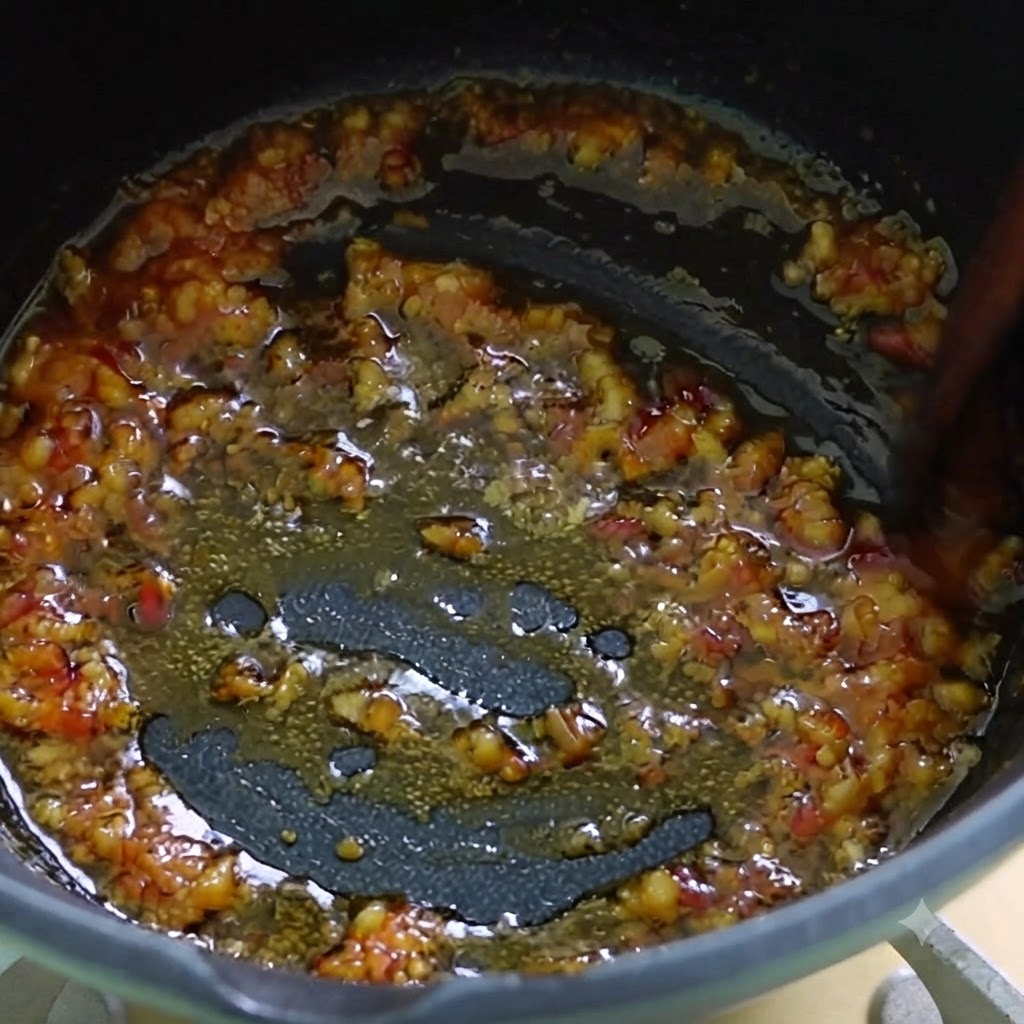 Agua de kombu vertida sobre la mezcla frita de ajo, jengibre y pasta de chile.