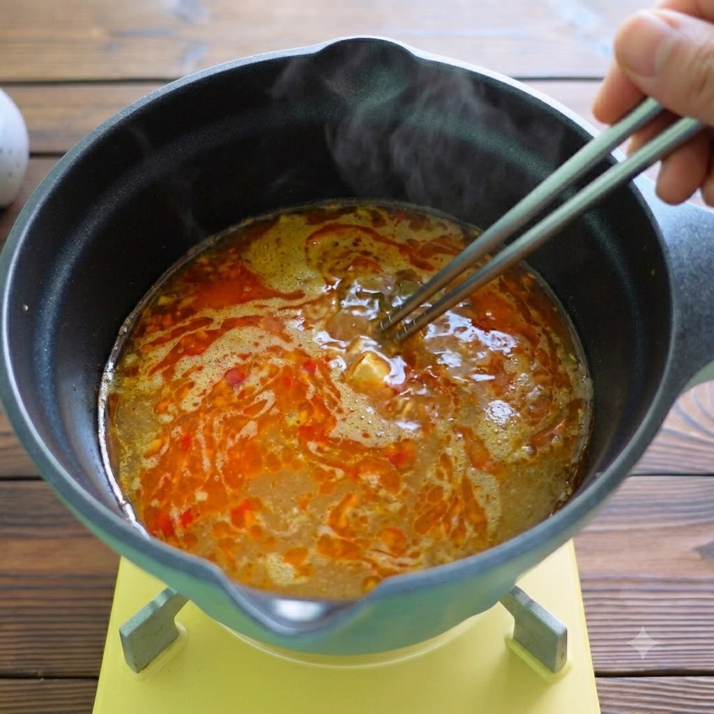 Kombu levantado del caldo caliente con palillos de metal.