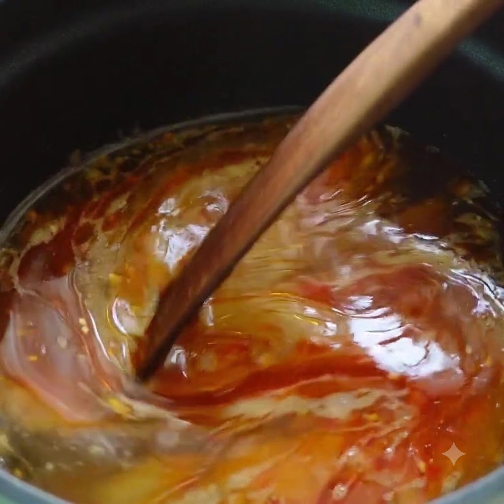 La base de sopa completada siendo revuelta con una cuchara de madera en una olla.